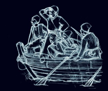 Geçen yüzyıl Norveç savaş tehlikesi kol fırtınası rüzgar dalgası kaşifi savaş gemisi kadırgasına yelken bezi beyaz gökyüzüne saldırdı. Kara çizgi, yelkenli yelkenliyi güverteye çekti Hetman kahraman karikatür çizimi