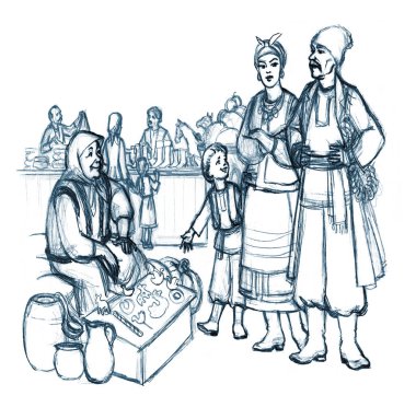 Retro festivali kızı perakende satış elemanı oyuncakları hediye malzemeleri mağazası sahnesinde çalışıyor. El yapımı Asya kasabası Asya çadır rafı...... erkek alıcı...... insan işçisi...... çaydanlık taze meyve tabağı...... sanatı stili gösteriyor.