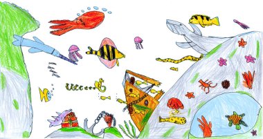 Şirin, soyut, derin su derinliği olan mercan kayalıkları kaya bitkisi bitki sembolü, pastel boyalı çocuk beyaz doku resmi çizmiş. Vahşi dünya manzaralı karikatür çizgi film yıldızı işaret simgesi metin alanı