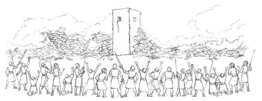 Retro past age Israeli century east nation male human Rahab scene. Black line hand drawn holy faith Jew Hebrew knight prayer Joshua shout trumpet break down pray god miracl sound stone ruin art sketch