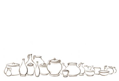 Yakın çekim İncil grubu bir sürü boş kırsal şarap şişesi bardak seti. Kırsal toprak yiyeceği, çamur sütü kavanozu, el işi, İncil 'de geçen sanatçının yetenek sembolü, hatıra ürünü.