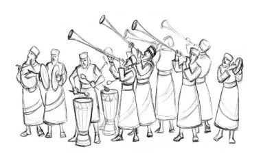 Geçmiş zaman kraliyet eğlence partisi erkek Yahudi rahip dua eder lir halk şarkısı çalar çıngırdar Doğu Yahudi üflemeli rüzgar düdüğü çalar bas gitar sesi İslamcı el çizer İncil 'deki sanat eserini çizer