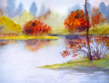 Alacakaranlık Yortusu Sahnesi Kağıt Arkaplan El Hafif Boya Çizimi Bulutlu, sakin, sisli, yağmurlu, taze çim tarlası Köknar Ağaç Deresi Çalı Çalı Koy Manzarası