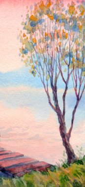 El yapımı parlak pembe boya eskizi sisli sisli çalılık manzaralı kağıt arkaplan metni alanı. El çizimi açık renk bulut sakin vahşi sonbahar vadisi dere yatağı ahşap sanatı manzaralı resim