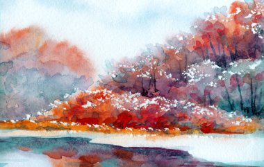 Parlak el çizimi resim çizimi, hafif kağıt kapaklı arka plan metin alanı. Sakin mavi renk sürükleniyor kuru baston çalılar bitki dalları kış zamanı rime sahne buzlu yeni yıl dere kıyısı sahnesi deniz kıyısı manzarası