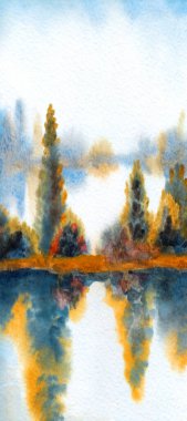 El çizimi suluboya resim çizimi kağıt metin alanı. Kırsal sakin çalı çalısı, çalı tarlası, dere yatağı, sel, yağmur manzarası. Serin bahar sisli sonbahar kumsal eski sanat eserleri sahnesi