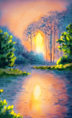 Eskiz, alacakaranlık sahnesi Islak kağıt arka plan metin alanı. El çizimi açık pembe, bulutlu, serin, sakin, sisli, yağmurlu, taze çimenler, çalı çalıları, dere kıyısı, sel kıyısı, deniz manzarası manzarası.