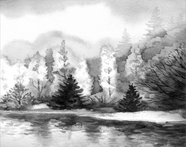 Canlı bir el çizimi akvaryum taze çimen güzellik sahnesi kağıt metin arkaplanı. Parlak kırmızı turuncu renkli boya çalılık sakin, serin hava günü. Manzaralı dere körfezi sahili kırsal arazi manzarası