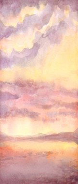 Hand drawn paint quiet calm beach shore fresh sun glare white light dawn heaven horizon view scene. Paper card text space retro sketch style design blue violet acryl color pond rain mount view picture