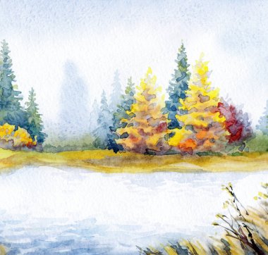 Canlı bir el çizimi akvaryum taze çimen güzellik sahnesi kağıt metin arkaplanı. Parlak kırmızı turuncu renkli boya çalılık sakin, serin hava günü. Manzaralı dere körfezi sahili kırsal arazi manzarası