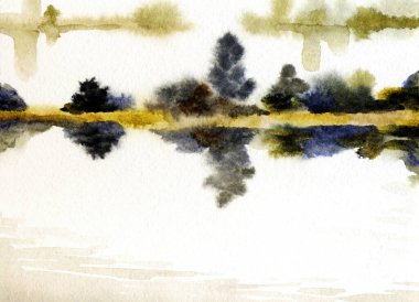 El çizimi suluboya resim çizimi kağıt metin alanı. Kırsal sakin çalı çalısı, çalı tarlası, dere yatağı, sel, yağmur manzarası. Serin bahar sisli sonbahar kumsal eski sanat eserleri sahnesi