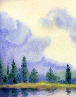 Kağıt arkaplan arkaplanına parlak suluboya resim çizimi. Açık pembe renk cenneti. Karanlık, sakin kırsal çayır, sisli deniz manzarası. Çalı bitkisi sis deresi koyuna yansıyor