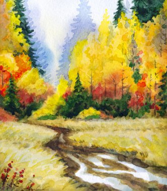 Kağıt desenli arkaplana elle çizilmiş suluboya resim. Taiga nemli sis günü manzaralı bulutlu manzara üzerine metin uzayı. Parlak kırmızı turuncu renk yabani çimen bitkisi kara akrilik Rusya manzarası