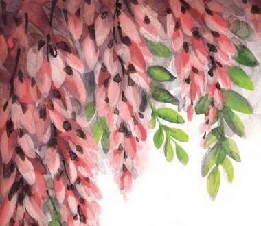 Parlak El, kırmızı boya beyaz kağıt görünümü eski yağlı fırça sanat eseri mavi gökyüzü metin alanı tebrik kartı çizim stili. Yeşil yaprak Asya porseleni vahşi tropik bitki örtüsü gür çalı dal tomurcuğu dekoru