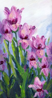 Şirin, gür, kır yaprağı, nilüfer çiçeği manzaralı el, pastel rengi, leylak rengi, aşk bitkisi, hayat dolu kart tarzı. Kırsal büyüme büyük açık kırmızı lale tomurcuğu vazosu mavi gökyüzü beyaz kağıt bulutu