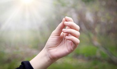 Genç erkek işçi kız kolu İncil 'de geçen güveni al Tanrı' ya göster. Yeni bir güç göster. Hayat için dua et. Makro görüntüyü kapat. Tek bir çiğ kuru kelime. Soya ağacı toprak tarlası.