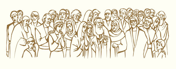 East Arab male guy prayer friend stand preach public team look wait meet listen sing teach joy happy song holy spirit day story art sketch Line black hand drawn girl pray Lord god social street symbol