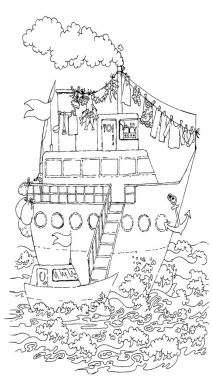 Yan görünüş. Büyük, eski, sevimli güç retro deniz beyaz merdiveni. Yarış gölü dalgası bulutlu metin uzayında yüzmeye git. Taslak el çizimi küçük oyun modern çocuk spor bahriyeli oyuncak oyunu simge taslak çizim çizimi sanat tarzı