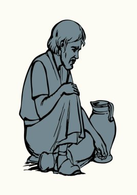 Zavallı kırsal kesimdeki beyaz Asya bornozu giysisi giysisi aşağı bakıyor. Üzücü üzgün Yahudi koltuğu sokağı. Bekle. Allah çok umut versin. Geçmiş yaştan kalma İslami Arap el çizimi.