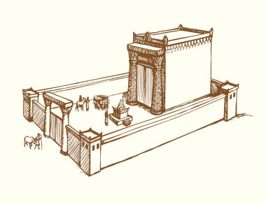 Aziz altın Herod evi sütun çitleri kralı Tanrı 'ya ateş erkek öküz öküz koyun kuzusu hediye tepesi beyaz gökyüzü sunuyor. Yahudi Torah Kanunu 'nun dağ ritüeli Aziz David' in ev imzası taslak çizimi sanat tarzı.