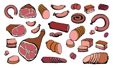 Yağsız domuz yağı, domuz budu, pirzola, bıçak, aperatif, beyaz arka plan. Kırmızı çizgi çizili natur buğulama kuzu eti sosis sosis, pirzola dükkânı öğle yemeği menüsü simge retro resim tasarımı tasarımı