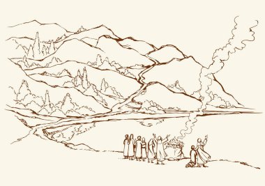 Kutsal Kanun 'un Hikayesi Yahudi insan rahip vahşi kayalar, çayırlar, ağaçlar, göletler, deniz kıyıları, gökyüzü manzarası. El çizimi sanat manzarası eski kırsal Pagan kabilesi günahkar kadın tarikatı koyun ayini sembolü