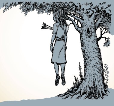 El çizgisi siyah çizgili Yahudi insan adam Joab Chase kral çocuk büyük tahta yaprak yapraklı gökyüzü tarlasını kaybetti. Sefil, zavallı, hasta, hasta bir kız düştü. Acı çeken bir kurban. Çizgi film çizimine yardım et.