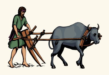 Elle çizilmiş erkek karabao sığır hayvan hayvan çukur kazma işi hasat işçiliği. Tarihi köy öncesi tarlaları kapayın. Ahşap işleme kültürü ikonu. Tarihi simge.