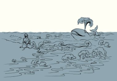 Old lone 1 jew male guy hope save life swim wild giant big marine beast open jaw mouth help israel human alive symbol. Retro pray jewish god biblic miracl story cartoon hand drawn sketch art white sky