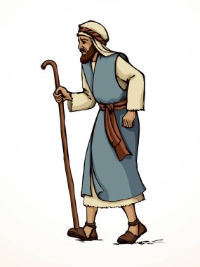 Yetişkin bilge, orta yaşlı erkek Yahudi, beyaz bornoz, baston görünümlü İsrail elbisesi giyer. El çizimi siyah retro müslüman uae uae hindi çöl adam Paul dua Tanrı İsa Mesih inancı yol inanış İslam sanat yolu