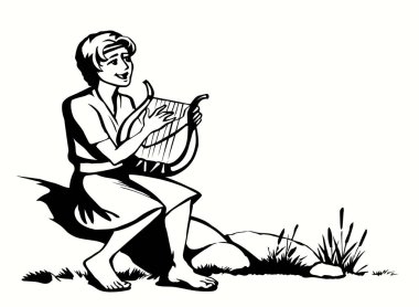 Genç Yahudi hobi erkek çocuk, parmak akoru, Lira Lute notası, dua et de eski moda robot resim çizimi tarzında çizilsin. İsrailli Lord Musevi kız halk sanatları sanatçısı Kral Saul beyaz gökyüzü