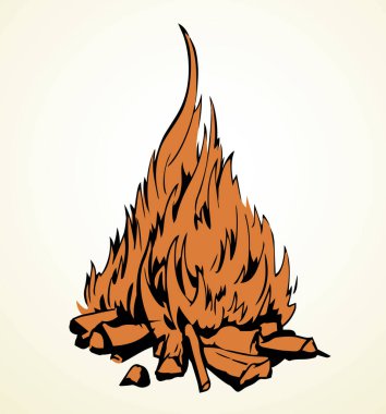 Kapalı eski parlak ışık kırmızı sıcak kömür kömürü sıcak kül taşı orman manzarası açık beyaz gökyüzü metin alanı. Çizgi koyu siyah mürekkep kalem eli çizilmiş eko yemek yaşam logosu kavramı antik Yahudi tanrı sanat stili