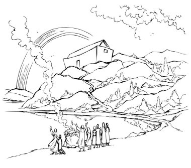 Kutsal insan ailesi erkek çocuğu, taş okyanusu, kuru kayalık tepe tarlası, beyaz gökyüzü, duman bulutu manzarası. El çizimi sanat eskizi. Çizgi film işareti. Hayat kurtarır.