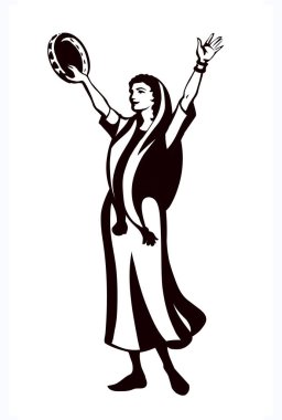 Genç yahudi kabile oyuncusu Lady Miriam silah olarak komik hobi olarak İncil 'deki tanrı çizimi el çizimi eski bir çizgi film skeç stili. Yahudi beyaz halk eğlencesi yerli Yunan giysisi dini tören İncil sanatçısı