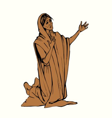 Antik kutsal duvak yalnız üzüntü yalnız diz çök yahudi sürtük Hagar bayan ağla yardım dile Yüce İsa kilisesine el işareti yalnız başına yaşa hasta Suudi Arabistan dulu İslami inanç sanat eskizi