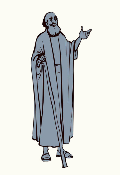 Святой еврей Бог верит мудрый мужчина раввин священник стоять говорить подъем руку предложение история. Ручной черной линии искусства эскиз ретро-возраст Средняя Азия Саудовская Аравия этнические халаты платье трость зрения белое небо текстовое пространство