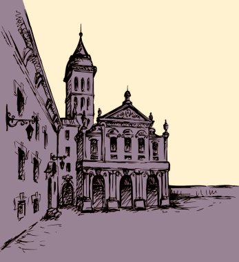 Şehir merkezinde yaşlanmış romantik bir yaz yeri. Büyük çizgi ortaçağ ön kapı manzarası. Eskimiş karikatür karikatür karalama gravür stiliyle çizilmiş siyah bir el resmi. Beyaz gökyüzü arkaplanındaki kağıt metin alanı