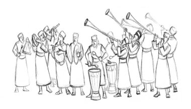 Geçmiş zaman kraliyet eğlence partisi erkek Yahudi rahip dua eder lir halk şarkısı çalar çıngırdar Doğu Yahudi üflemeli rüzgar düdüğü çalar bas gitar sesi İslamcı el çizer İncil 'deki sanat eserini çizer