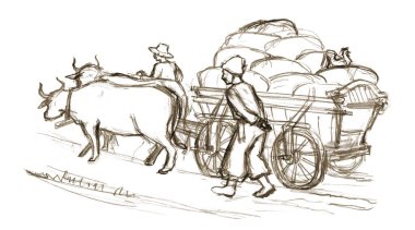 Zavallı adam, tramvay, telga, buğday hasadı, balya torbası tüccarı. El çizimi sanatçısı çocuk yürü yürü git boynuzlu boğa çek kırsal öküz çek kirli Asya kır çimleri doğası beyaz gökyüzü manzarası