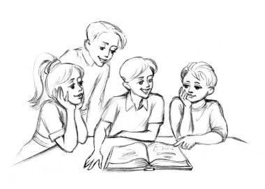 Cute happy joy smile guy baby son sit care rest relax room home. Black pencil line hand drawn man parent fun teen speak class table desk look open old retro faith tale story cartoon art wisdom symbol