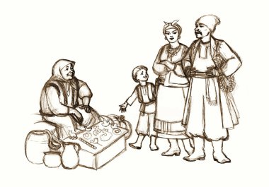 Retro festivali kızı perakende satış elemanı oyuncakları hediye malzemeleri mağazası sahnesinde çalışıyor. El yapımı Asya kasabası Asya çadır rafı...... erkek alıcı...... insan işçisi...... çaydanlık taze meyve tabağı...... sanatı stili gösteriyor.