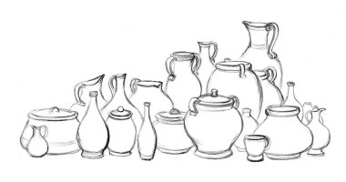 Yakın çekim İncil grubu bir sürü boş kırsal şarap şişesi bardak seti. Kırsal toprak yiyeceği, çamur sütü kavanozu, el işi, İncil 'de geçen sanatçının yetenek sembolü, hatıra ürünü.