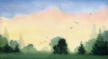 El çizimi açık kırmızı boyalı kuş resmi çizimi vadi çim biçme sahnesi sahne kağıdı metin arkaplanı. Pembe renk, sisli bozkır, sis dumanı, çalılar, çalı ağaçları manzaralı yollar.