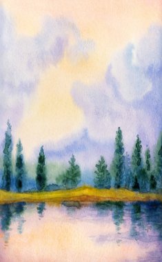 Kağıt arkaplan arkaplanına parlak suluboya resim çizimi. Açık pembe renk cenneti. Karanlık, sakin kırsal çayır, sisli deniz manzarası. Çalı bitkisi sis deresi koyuna yansıyor