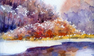 Parlak el çizimi resim çizimi, hafif kağıt kapaklı arka plan metin alanı. Sakin mavi renk sürükleniyor kuru baston çalılar bitki dalları kış zamanı rime sahne buzlu yeni yıl dere kıyısı sahnesi deniz kıyısı manzarası