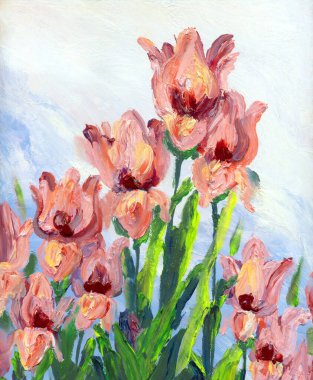 Şirin, gür, kır yaprağı, nilüfer çiçeği manzaralı el, pastel rengi, leylak rengi, aşk bitkisi, hayat dolu kart tarzı. Kırsal büyüme büyük açık kırmızı lale tomurcuğu vazosu mavi gökyüzü beyaz kağıt bulutu