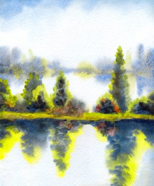 El çizimi suluboya resim çizimi kağıt metin alanı. Kırsal sakin çalı çalısı, çalı tarlası, dere yatağı, sel, yağmur manzarası. Serin bahar sisli sonbahar kumsal eski sanat eserleri sahnesi