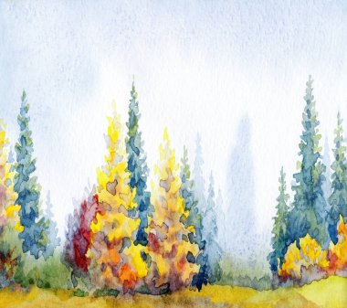 El çizimi suluboya resim beyaz kağıt desenli metin arkaplanı çizimi. Islak sis günü manzaralı bulutlu sis manzarası. Parlak kırmızı turuncu renk yabani tayga otlar kara akrilik Rusya manzarası