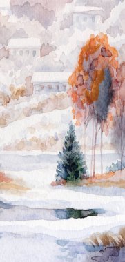 El çizimi sanat eseri serin yeni yıl sis bulutlu gün sahnesi. Açık beyaz kart arka plan eski tarz. Parlak renk eski çalı ormanı buz gibi soğuk sakin gölet göleti kıyısı manzarası