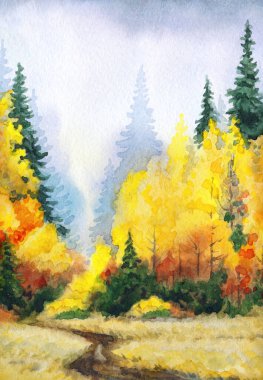 Kağıt desenli arkaplana elle çizilmiş suluboya resim. Taiga nemli sis günü manzaralı bulutlu manzara üzerine metin uzayı. Parlak kırmızı turuncu renk yabani çimen bitkisi kara akrilik Rusya manzarası